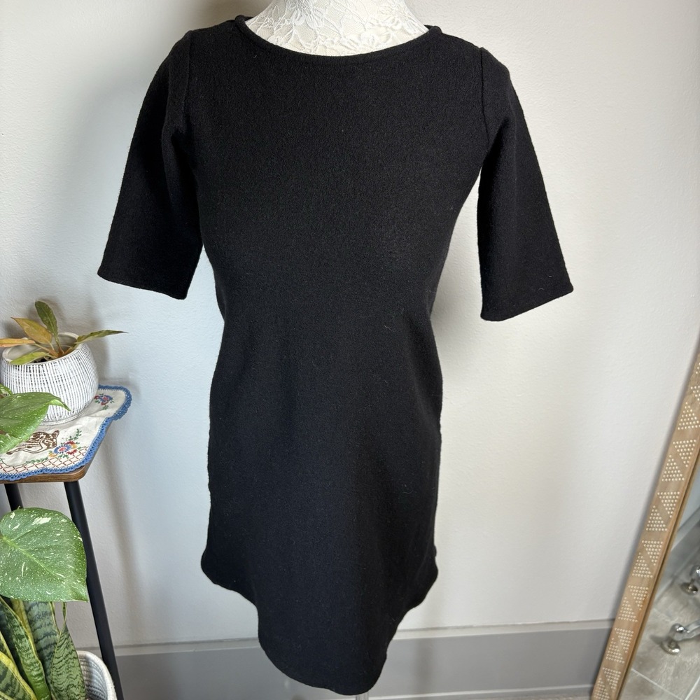Eileen Fisher Women M** SHRUNK? Black Dress Minimalist Wool Knit